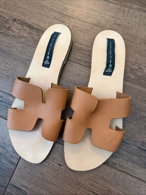 Steven by Steve Madden Tan Greece Slide Sandals with Leather Cutout Upper